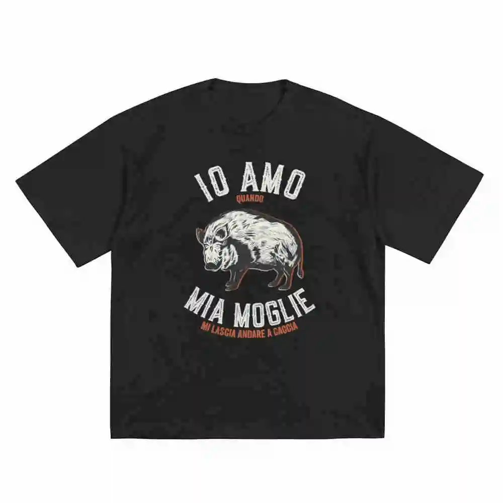 Italian Hunting Wild Boar 10 Amo Quando Mia Moglie Slogan Short Sleeve Tee 100% Cotton T-Shirt
