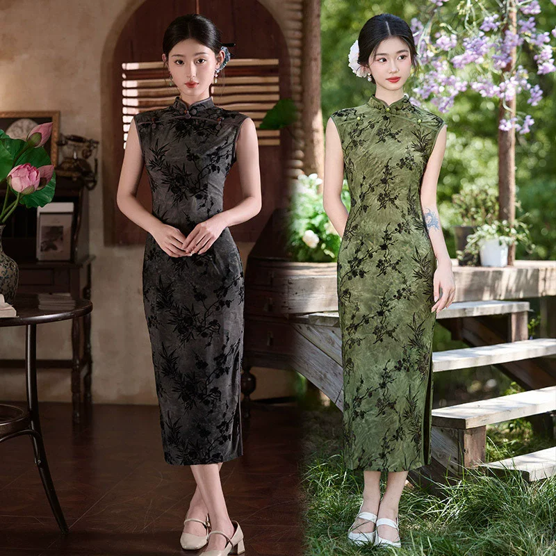 

Эластичное новое длинное платье Cheongsam без рукавов в китайском стиле, улучшенное молодое платье 2025 года, новое женское облегающее платье в стиле ретро Qipao