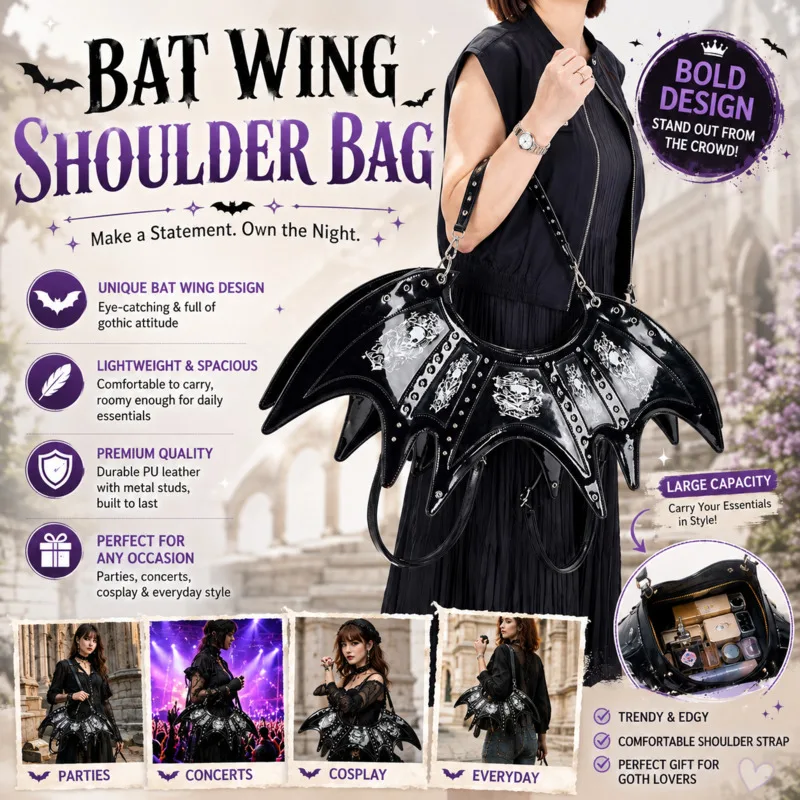 Gothic Bat Wing Shoulder Bag, Black Crossbody Handbag Punk Vampire, Backpack Bat Purse Cosplay Comic, Con Dark Fashion Accessori