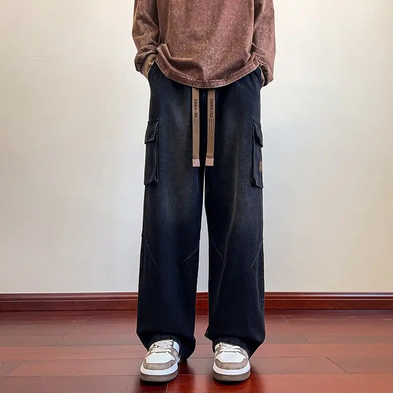 Men Drawstring Waist Cargo Jeans Multi Pocket Wide Leg Letter Print Denim Pants