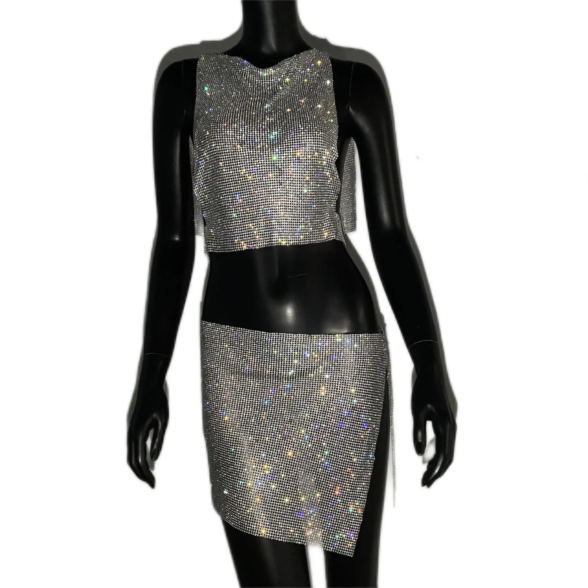 Dames Nieuwe Lijn Strass Volledig Diamant Pittig Meisje Set Open Rug Sexy Tanktop Mini Halve Rok Vrouwen