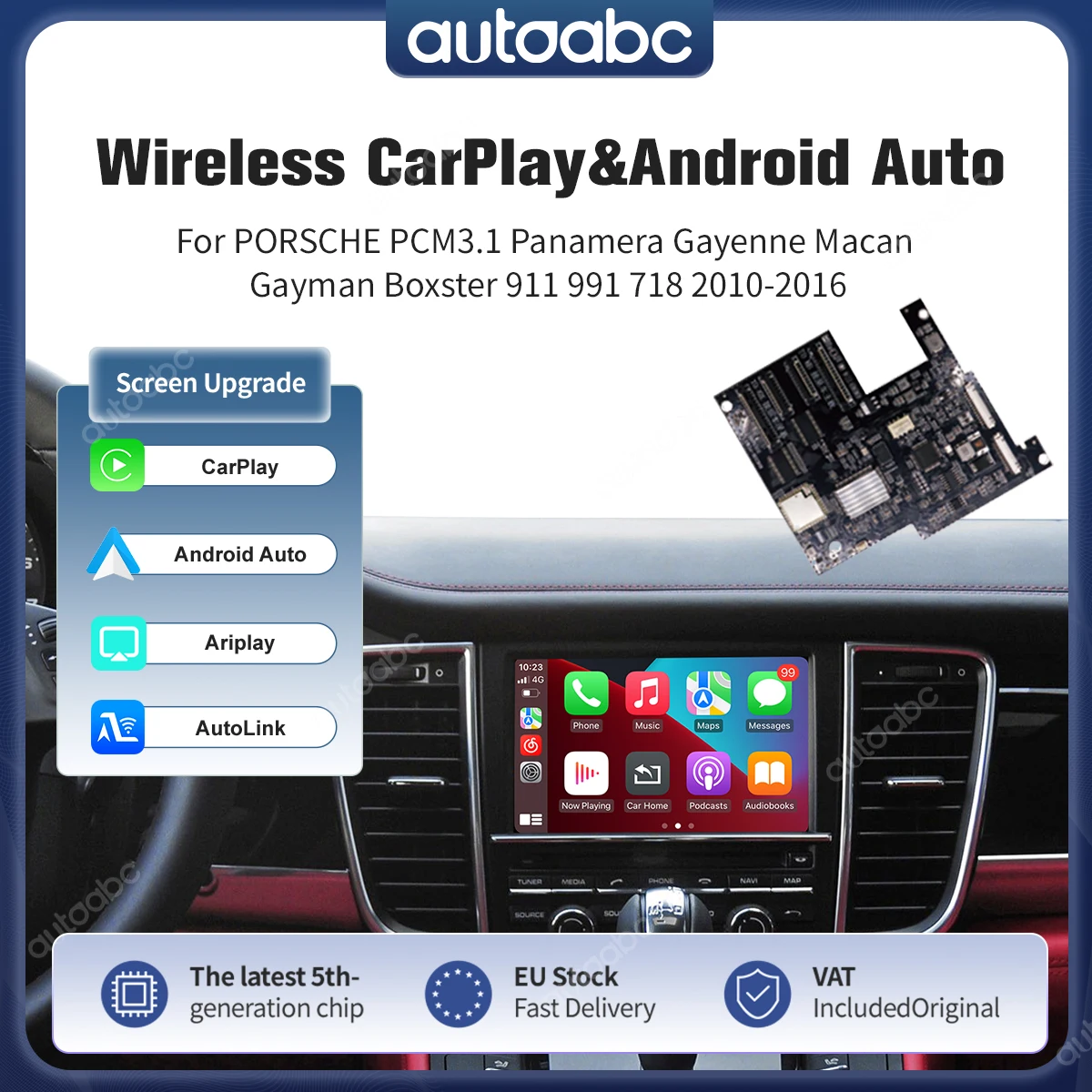 Kit di Retrofit Wireless CarPlay Android Auto per Porsche PCM3.1 Cayenne Macan Cayman Panamera Boxster 911 991 718 2010-2016, Interfaccia per Navigazione, Telecamera, AirPlay, MirrorLink, Bluetooth,