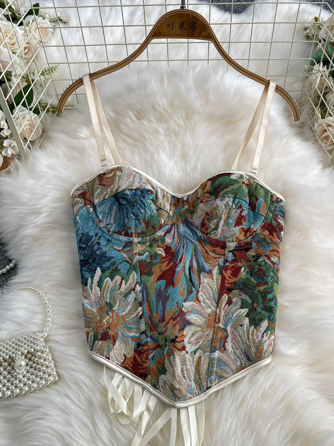 Women Dark Green Y2K Corset Top Court Style Vintage Oil Painting Style Heavy Jacquard Camisole Lace-up Tank Top for Summer 2026