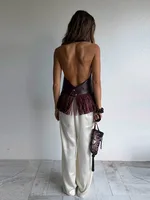 Fashion Burgundy Faux Leather Top For Women Sexy Halter Sleeveless Backless Fringe Hem Blouse Lady 2026 Summer Chic Streetwear - Image 3
