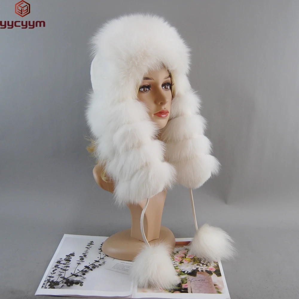 

Ushanka Hat Stylish Russia Bomber Fur Cap Natural Fox Rabbit Fur Earflap Winter Hats Women