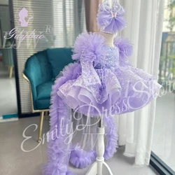 Lilac Flower Girl Dress For Wedding Pink Tulle Knee Length With Tail Bow Sequins Wedding Party Dress Kids Baby Puffy Ball Gown