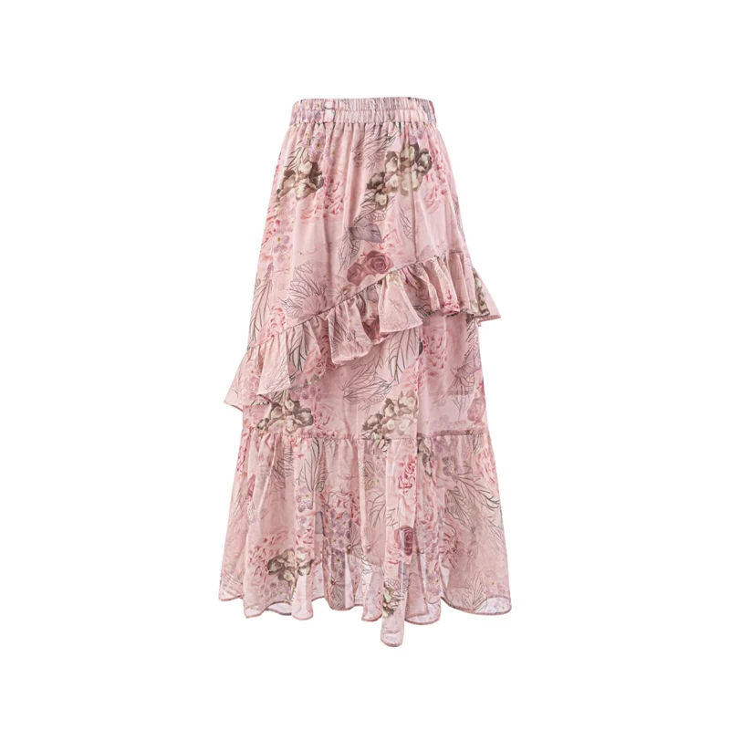KEYANKETIAN 2026 Vintage-Inspired A-Line Skirt High Waist Pink Floral Pattern, Asymmetrical Tiered Ruffle Chiffon A-line Skirt