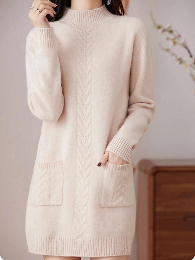 Suéter holgado grueso medio largo para mujer, Jersey de punto con cuello medio alto a la moda coreana, suéter de punto informal con parte baja holgada