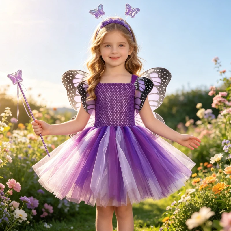 Rainbow Wing Tutu Dress for Girls, Colorful Tulle Summer Outfit for Birthday Party Children's Day Stage Performance Dress Up