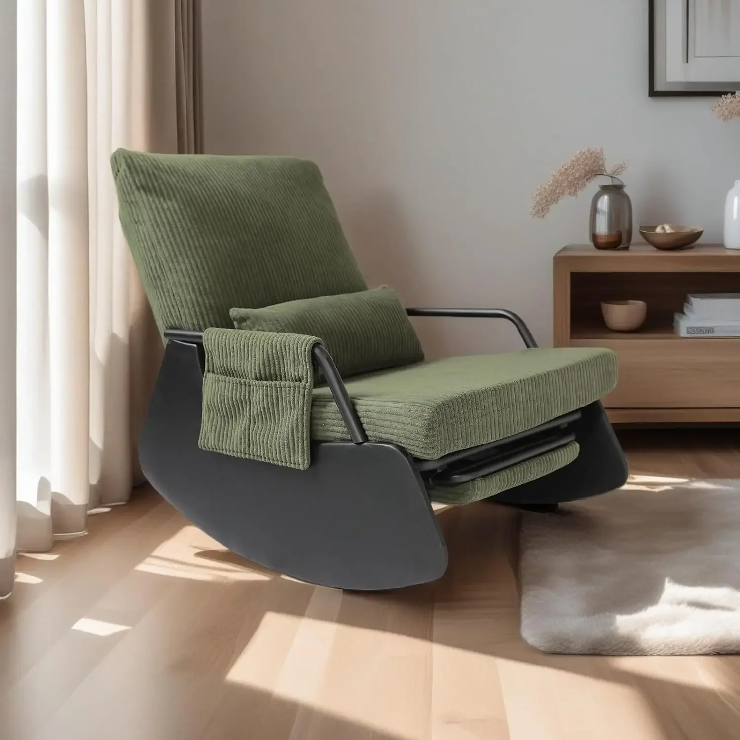 

Rocking Chair , Modern Upholstered Plush Seating Glider Recliner Chair with High Backrest and Side Pocket, Accent Armchair