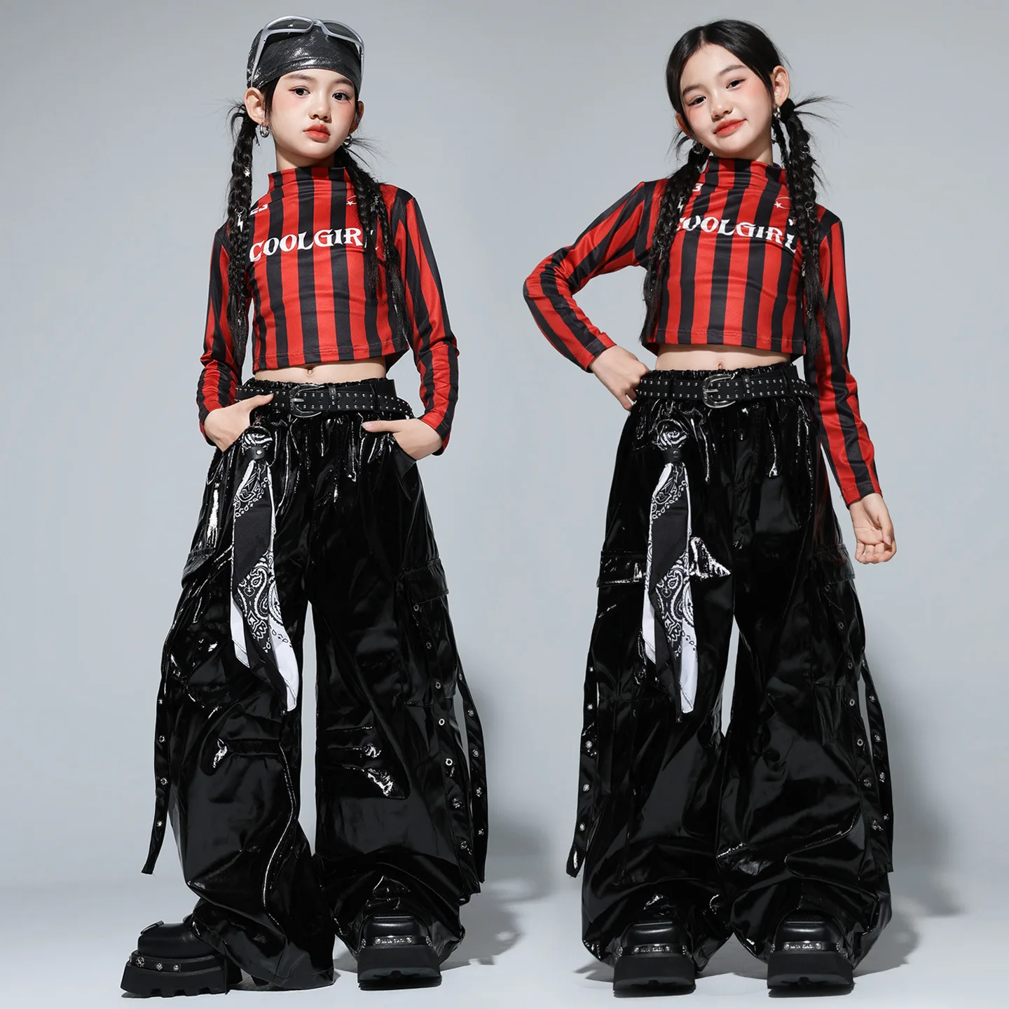 

Комплект одежды в стиле хип-хоп для девочек, укороченные топы в красную полоску, камуфляжные/черные кожаные штаны, детский костюм для уличных танцев, детский групповой комплект одежды для джаза