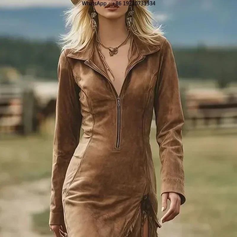 Western Retro Solid Suede Slit Tassel Dresses Woman Turn-down Collar Zipper Slim Hips Dress New Fall Long Sleeve Irregular Dress