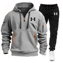 Men's autumn and winter new multi-pocket zipper hoodie hoodie + casual pants two-piece fitness jogging sportswear suit