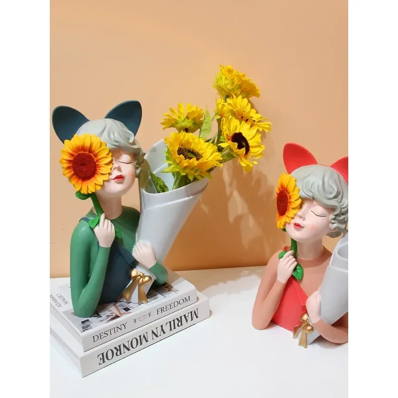 

1-Sunflower bouquet girl vase ornament creative home living room dining table flower arrangement dried flowers