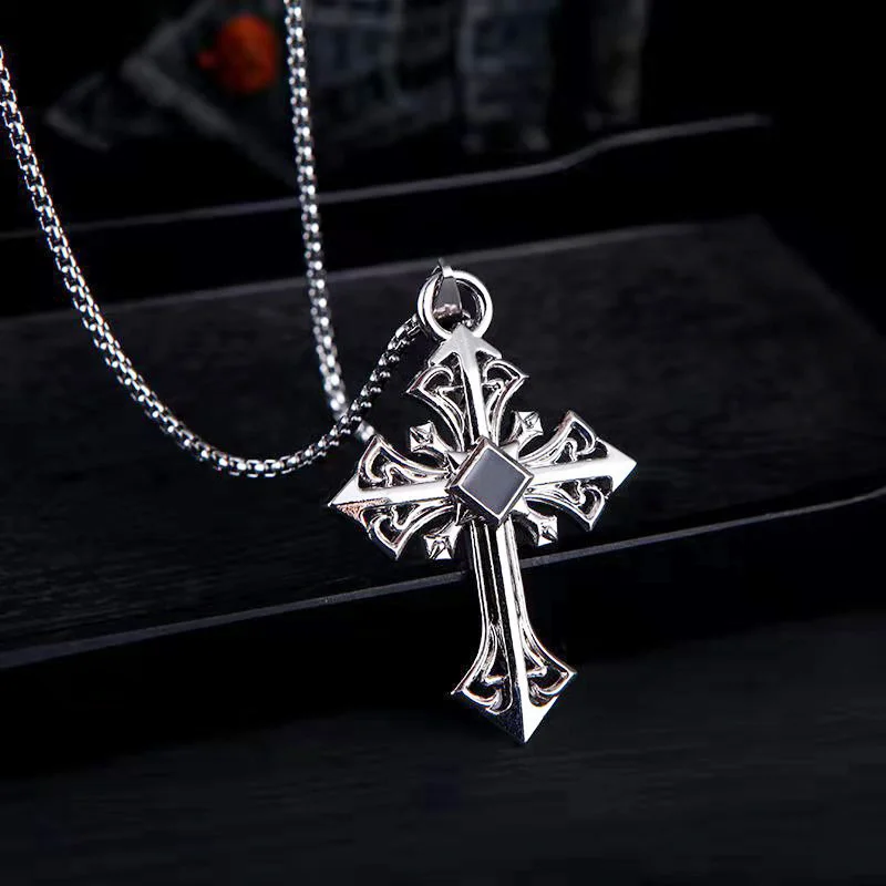 Simple Stainless Steel Cross Men\'s Sweater Chain Clavicle Chain Vintage Crystal Charm Pendant Necklace Jewelry for Women Gifts