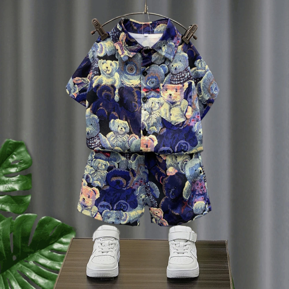 Children Holiday Clothes Baby Boy Clothing Set Spring Fall 2Pcs Outfits Kid Cartoon Little Bear Shirt+Shorts Girls Outfits 2-10Y