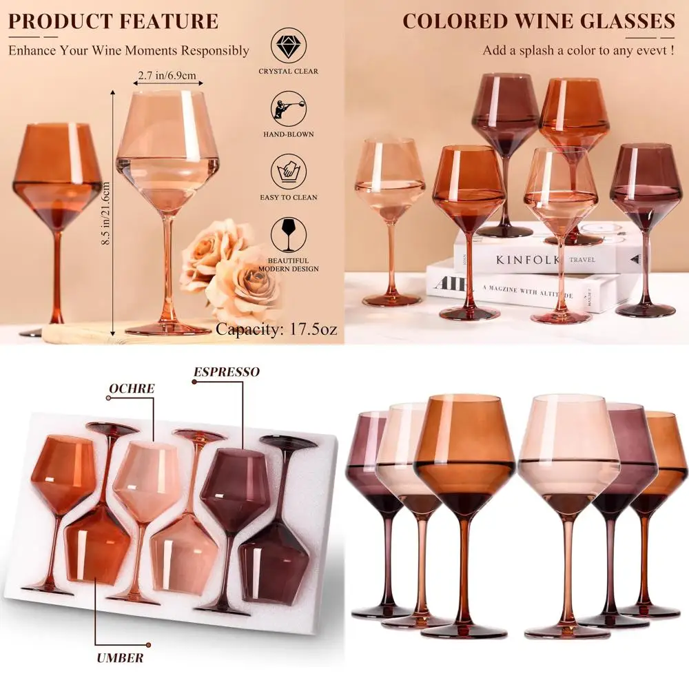 

Set of 6 Handcrafted 17.5oz Amber Wine Glasses with Tall Stems - Elegant Brown Melanin Glassware for Wine Enthusiasts & Weddings