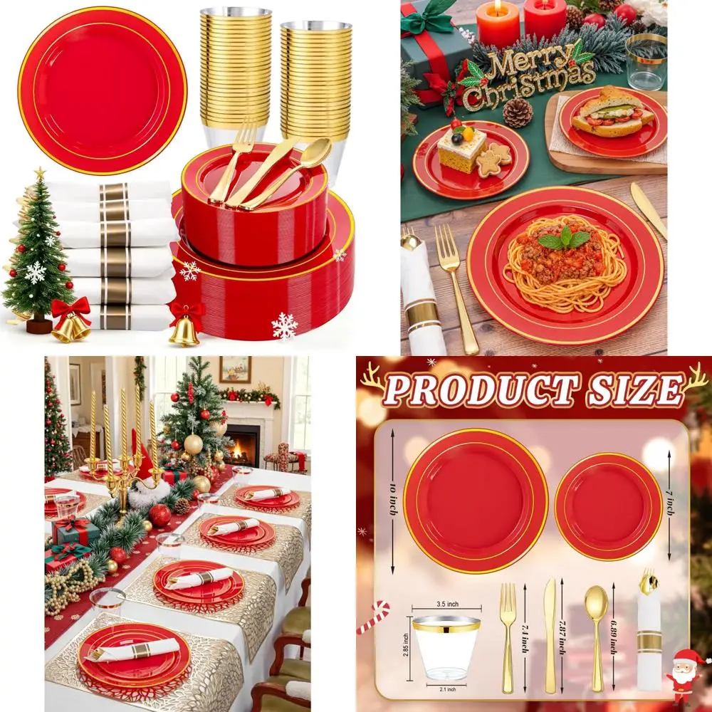 

Christmas 350-Piece Red Plates with Gold Rim and Cutlery Set, Includes 50 Dinner Plates 10 and 50 Dessert Plates