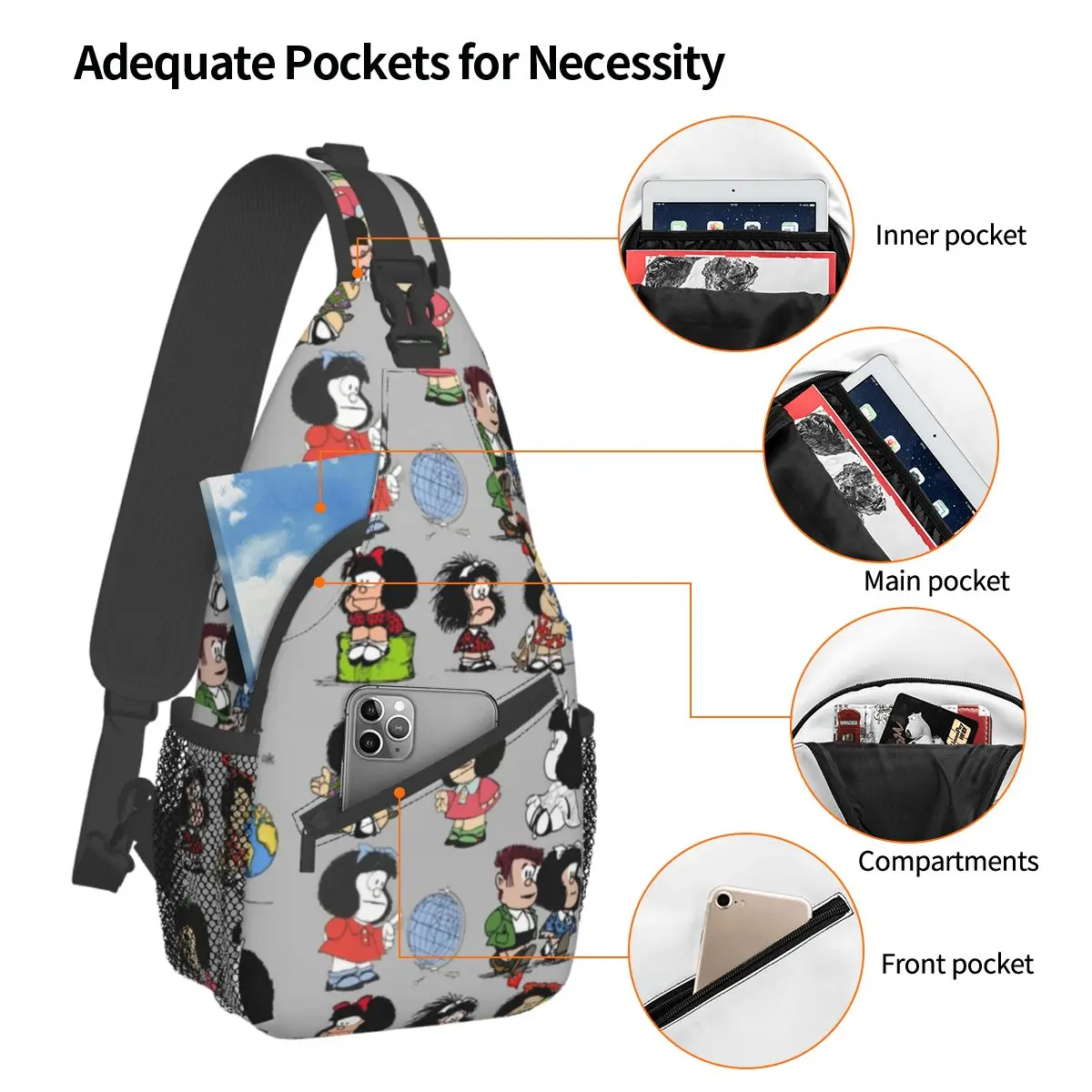 Mafalda Anime Manga Plaid Crossbody Slingtassen Kleine Borsttas Schouderrugzak Dagrugzak Voor Reizen Wandelen Biking Pack