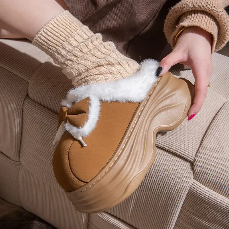 

With bow women winter platform furry mules shoes home backless slipper woman indoor fuzzy house shoes New fashion plush slippers