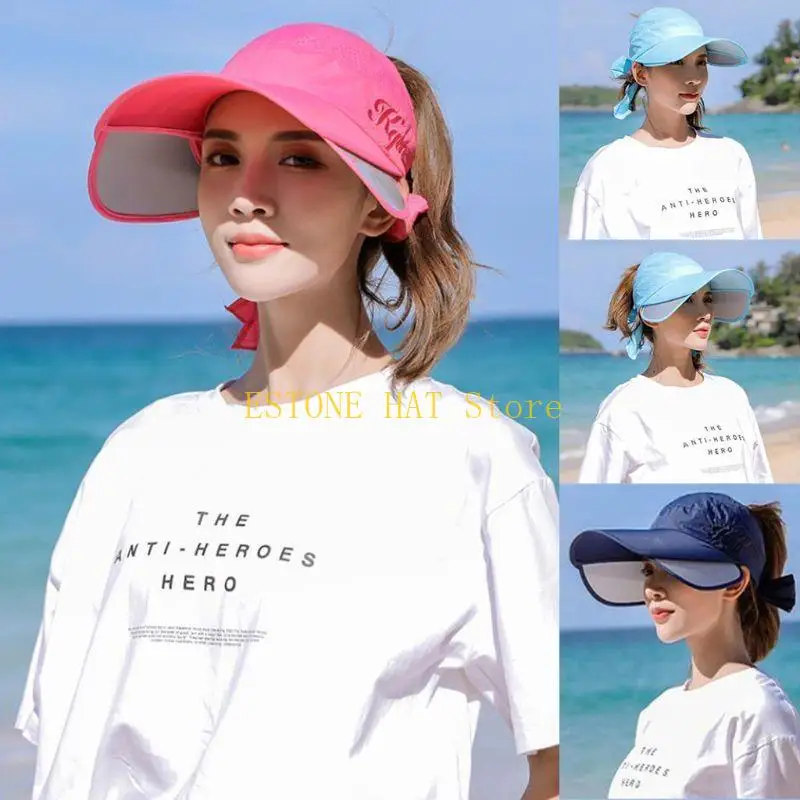 49MF Women Summer Retractable Wide Brim for Sun Visor Hat Empty Top Bowknot Outdoor Cycling Letters Embroidery UV for Protection