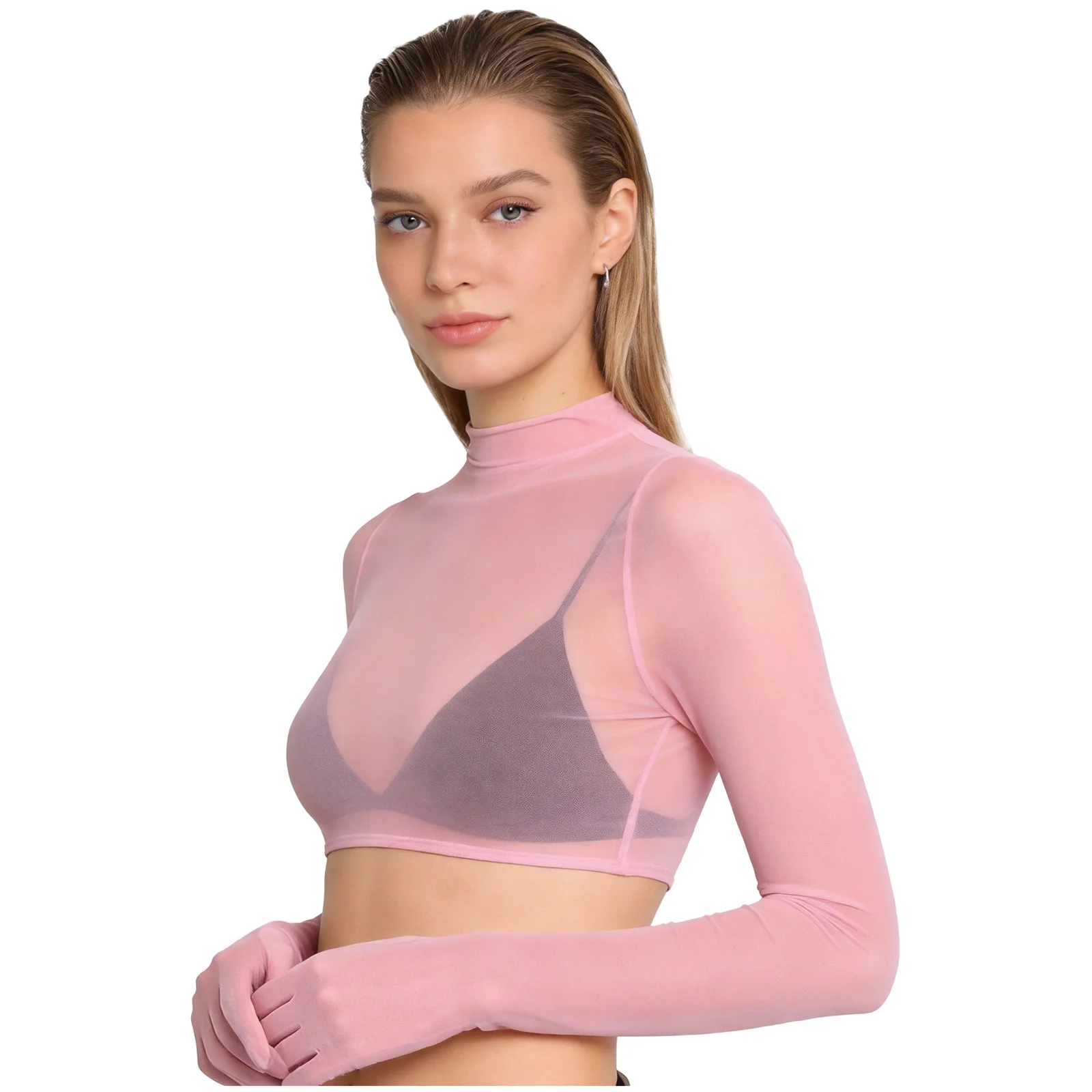 Women's Glossy See Through Sheer Mesh Crop Top Gloved Long Sleeve Slim Fit Stretchy Tee Blouse Cover-up T-shirt Sexy Clubwear