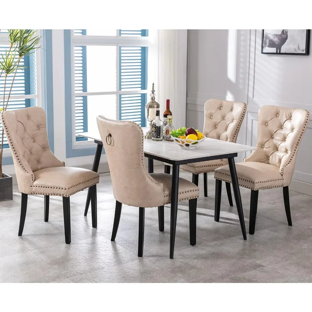 PU Leather Dining Chairs Set of 6 Mid Century Modern Tufted Chairs Armless Rubber Wood Vintage Chairs Upholstered Nailhead Side