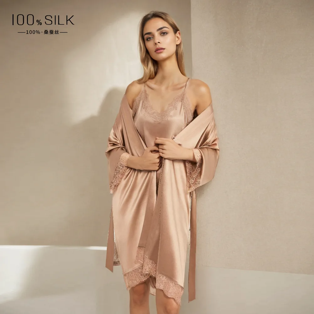 

Luxury French Style 100% Mulberry Silk Morning Gown Lace Trim Women Robe Slip Dress Homewear