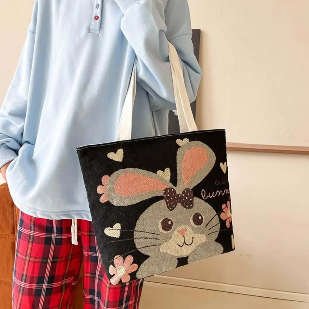 Butterfly Embroidery Ethnic Style Handbag Flower Rabbit Canvas Cat Tote Bag Korean Style Dog Cartoon Animal Shoulder Bag Outdoor