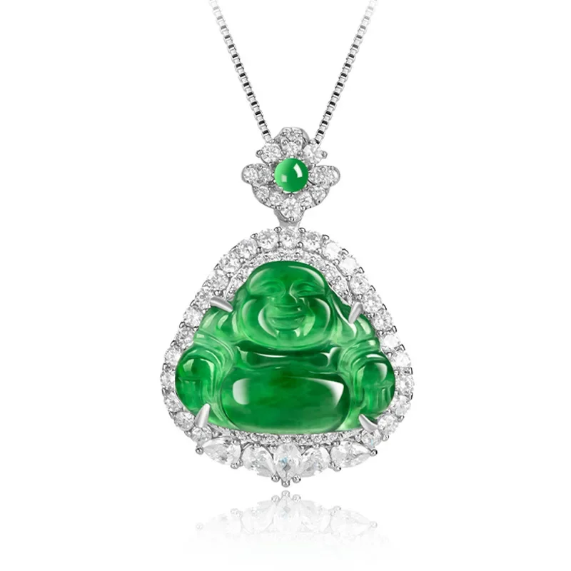 

Natural A-grade Jade Sun Green Buddha S925 Silver Inlaid Ice Jadeite Pendant Women's Gift Necklace Fashion Jewelry Drop Shipping