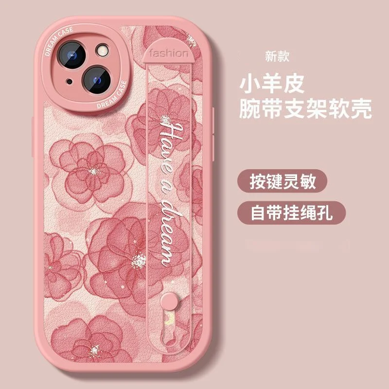 

For iPhone 16 15 pro 14 ProMax Case Pink camellia flower wristband cover for iPhone 12 13 Pro Max phone cases women