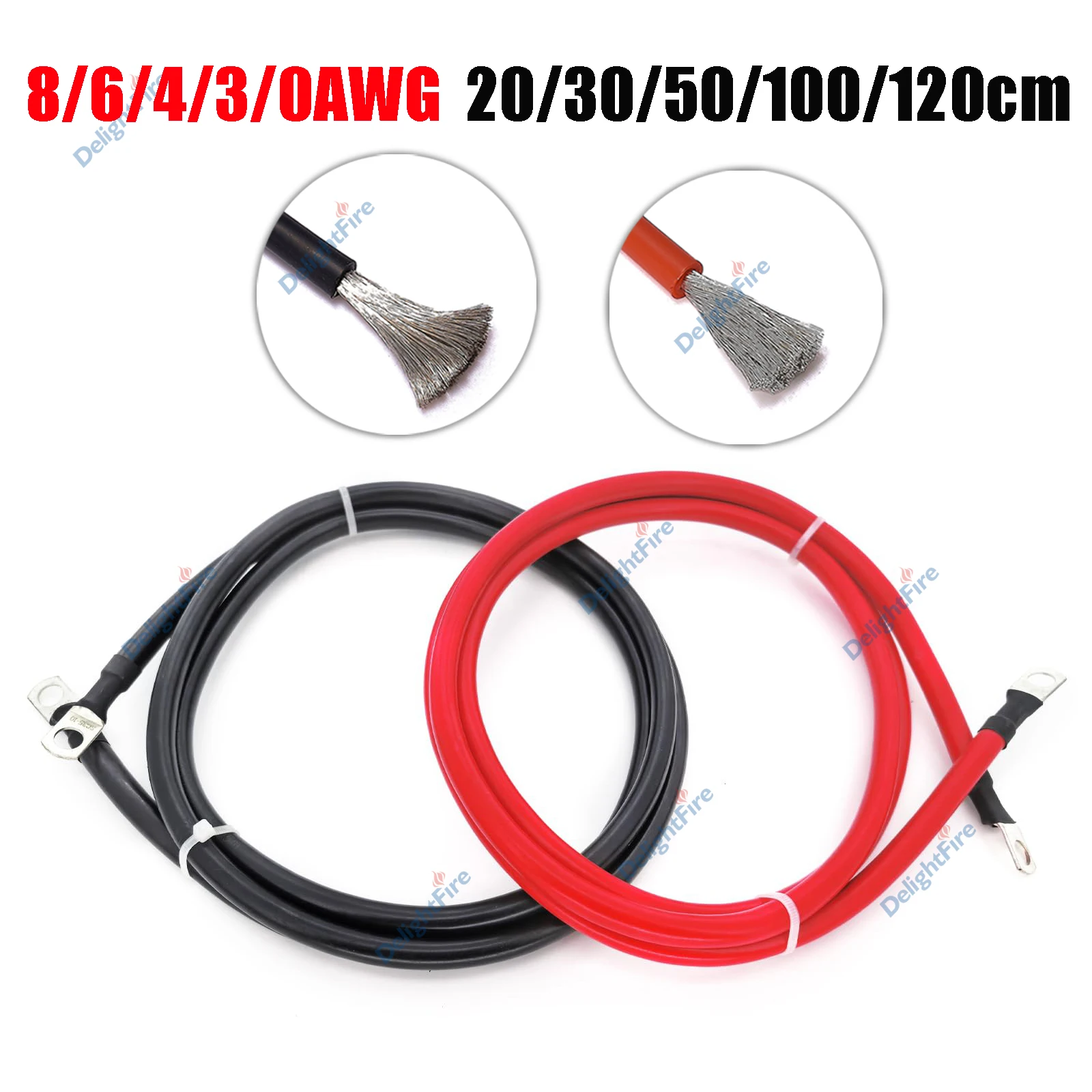 

8 6 4 3 0 AWG Silicone Tinned Copper Wire With Lug Rings M6 M8 M10 Terminal Cables For Auto Solar Power Inverter Marine Boat RV