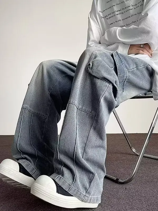 

Мужские винтажные джинсы Waed в стиле рабочей одежды, с эластичным поясом, осенние, в американском стиле, свободные, широкие, повседневные, с завязками, длинные брюки