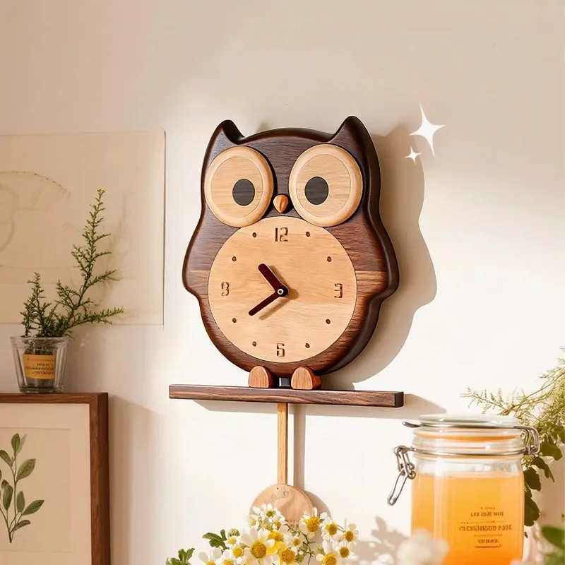 Solid Wood Wall Clock Art Creative Cute Owl Wall Clocks Children Noiseless Pointer Walls Clock Living Room Bedroom Decoration