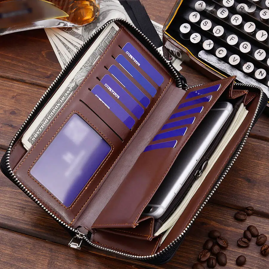 High Quality Men's Leather Wallet Zipper Long Purse Big Capacity Clutch Phone Bag Wrist Strap Coin Purse Card Holder For Male