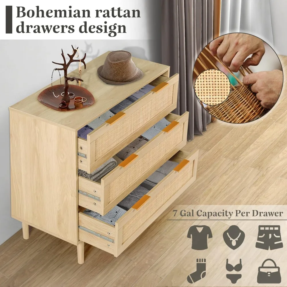 Comò moderno in rattan a 3 cassetti, cassettiera portaoggetti in legno di quercia per la cameretta dei bambini