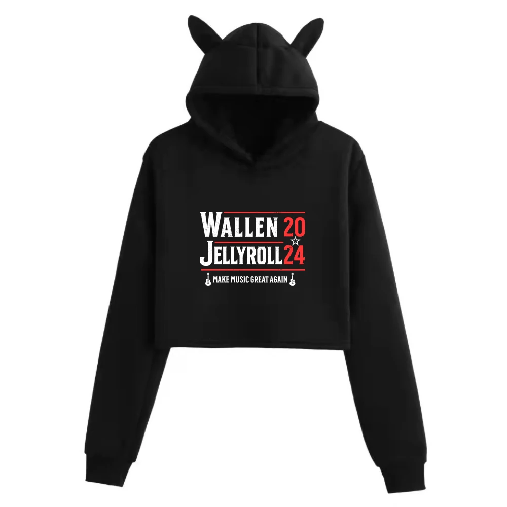 Wallen JellyRoll Make Music Great Again 2024 Girls Fashion Printing Long Sleeve Music Fans Gift Sweatshirt Cat Ears Hoodie