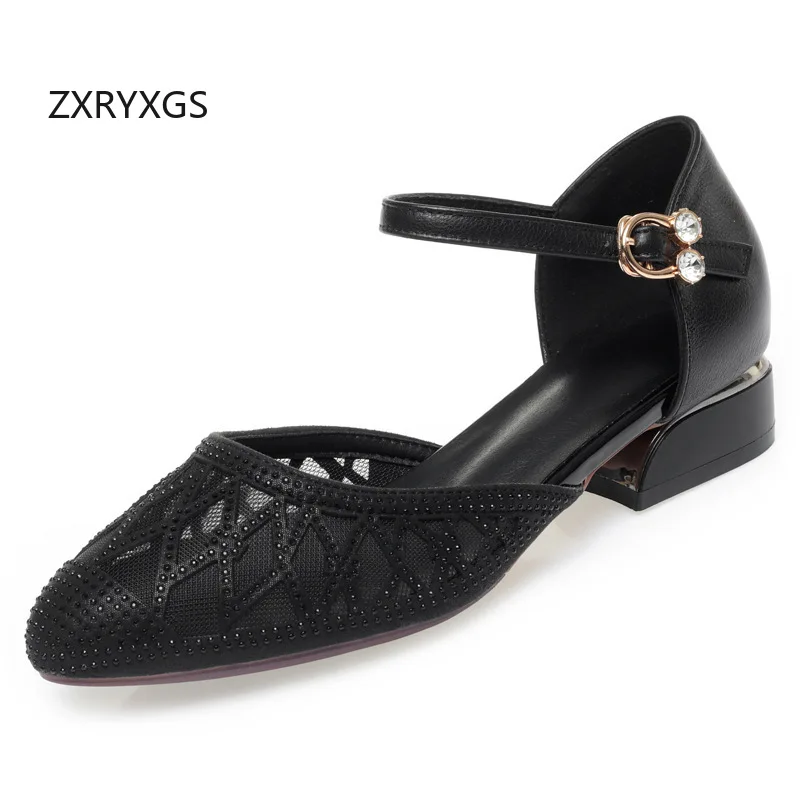 

ZXRYZGS 2026 New Summer Genuine Leather Mesh Pointed Sandals Fashion Elegant Low Heel Sandals Big Size Women Rhinestone Sandals