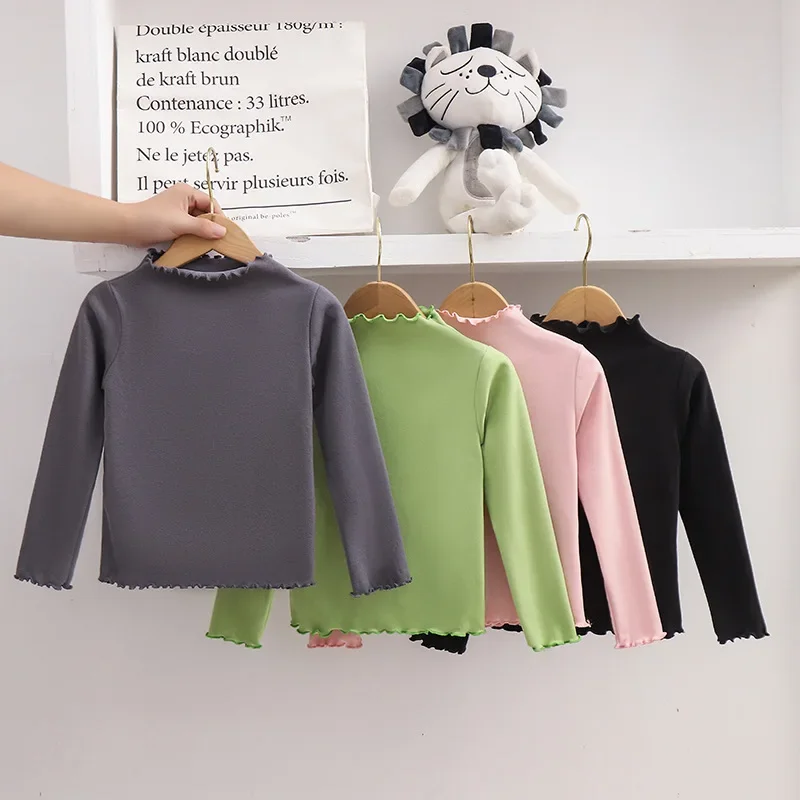 

Осенне-зимняя модная футболка с длинными рукавами и рюшами для девочек, мягкая и теплая однотонная детская повседневная одежда, топы