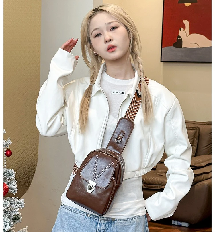 

Soft PU leather women's chest bag with wide shoulder strap and lock buckle mini backpack crossbody