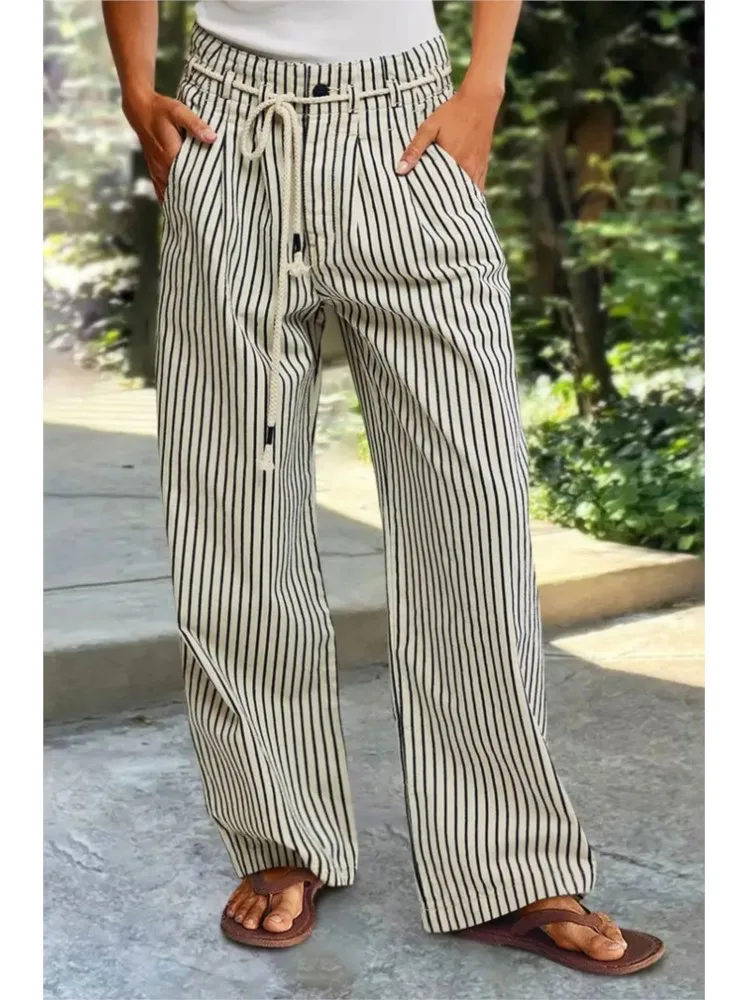 

Pantalones De Mujer Stripe Trousers Slacks Women's Fashionable And Comfortable Loose High Waist Thin Straight Long Summer Pants