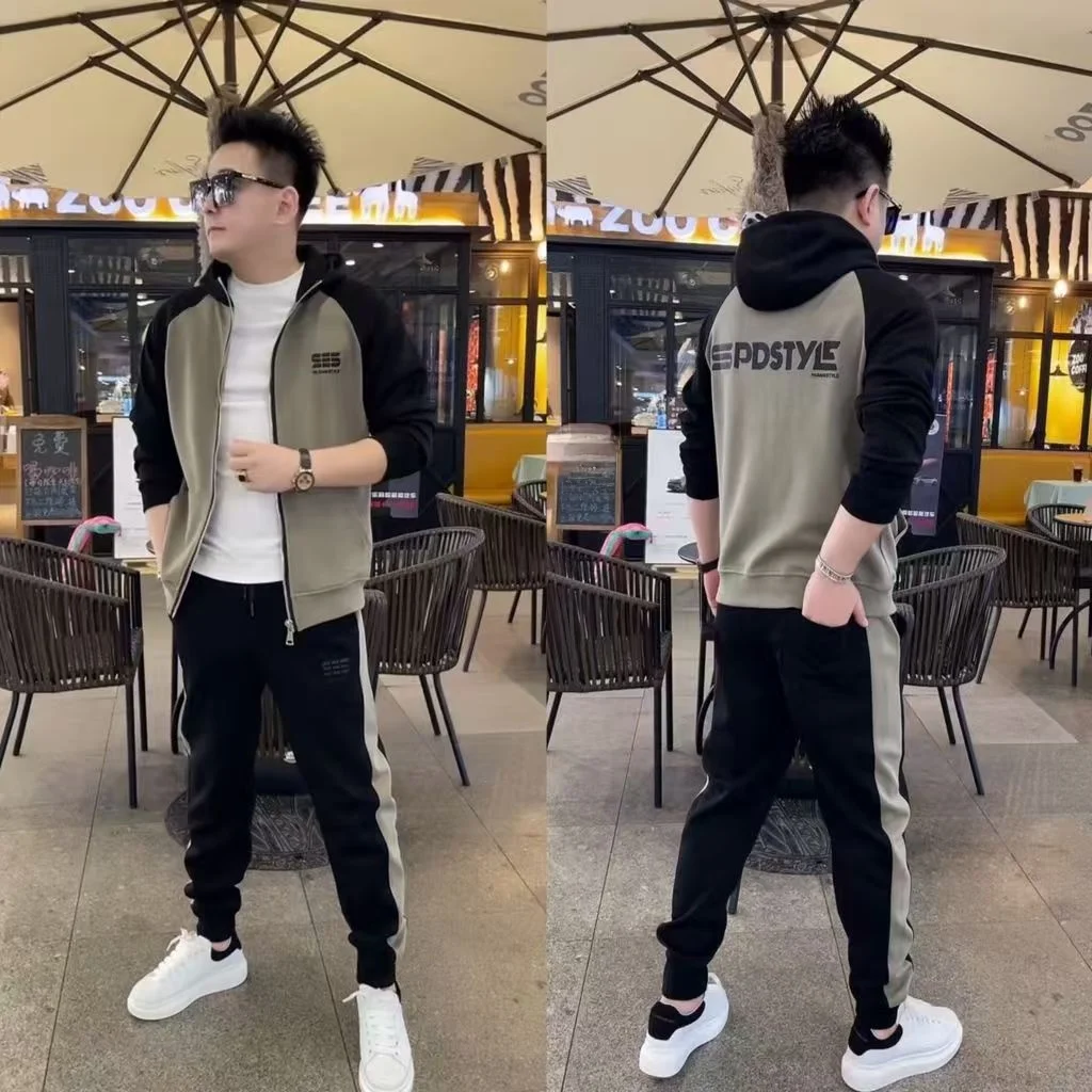 

Spring Autumn New Hooded Casual Sports Set Men's Korean Sle Leisure Busin High-End Feeling Cool Two-Piece Set Youth Poly...