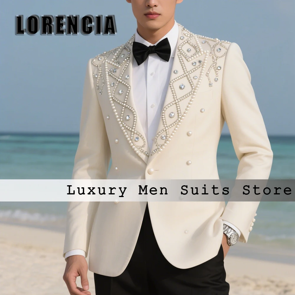 

Glitter Beading Men Suits 2 Pieces Diamond Tuxedos Wedding Party Outfits Customized Blazer Pants costumes homme Men's Clothing