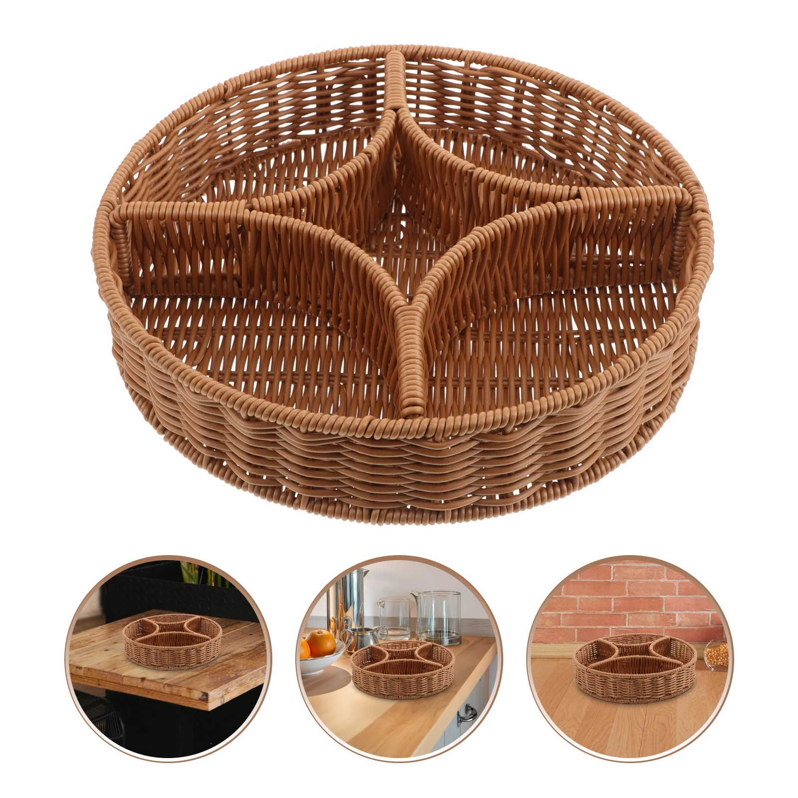 

Imitation Rattan Woven Snack Tray Divided Storage Basket for Kitchen Fruit Bread Candy Jewelry Organizer Woven Fruit Basket