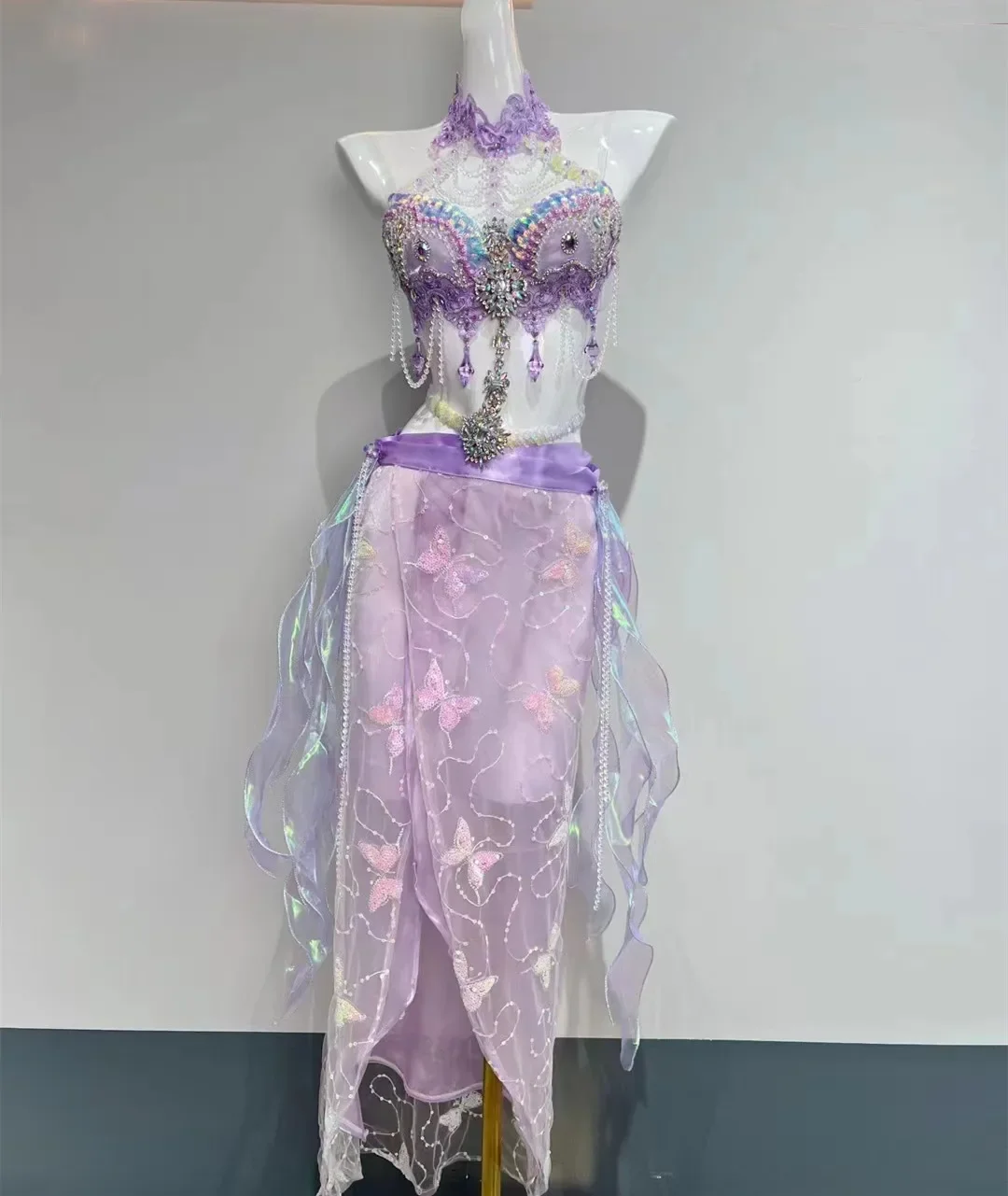 Costume de breven Forme de Sirène avec Échelle Violette et Strass, Bikini, Tenue de Festival de Musique Électrique, Spectacle de ix, Rave