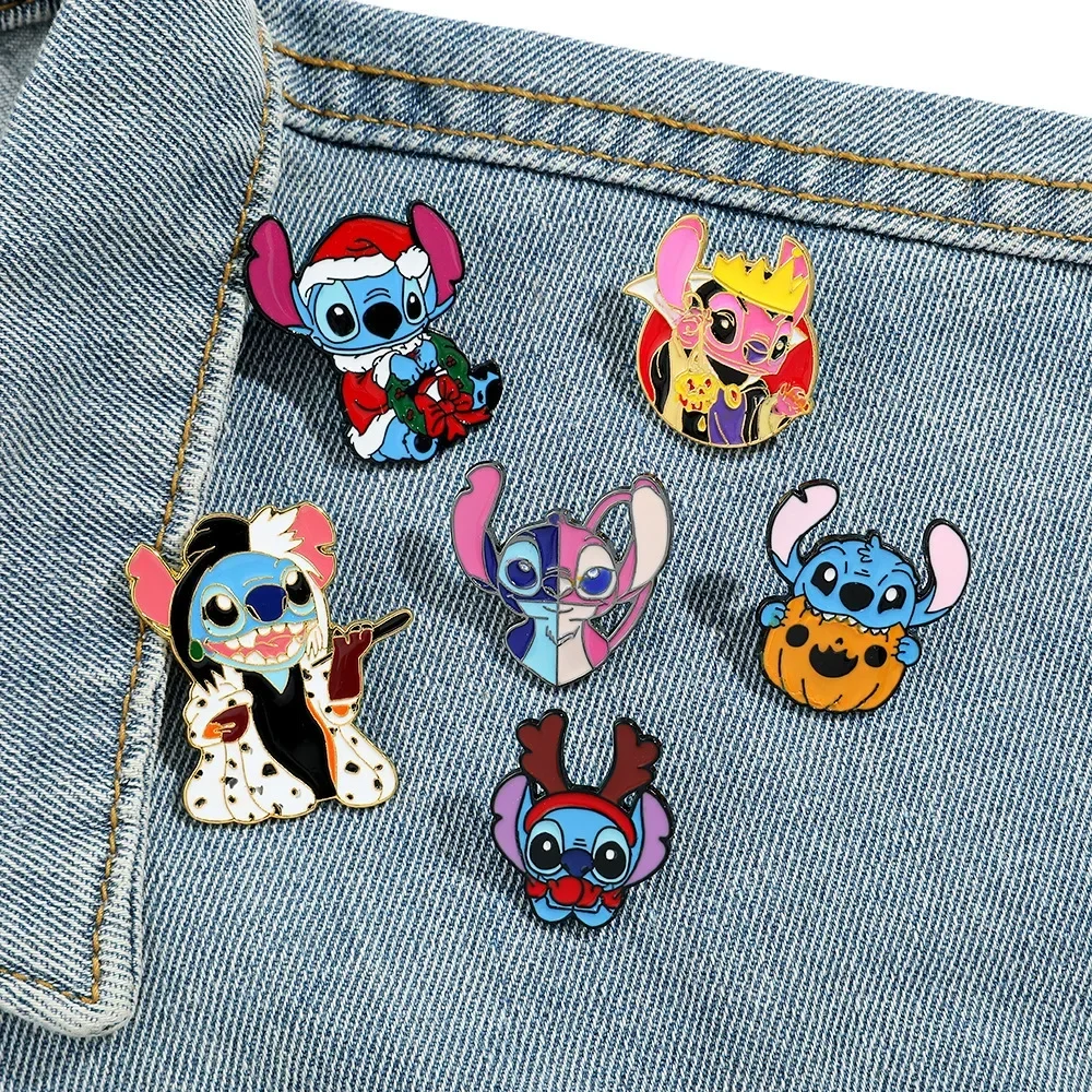 Disney Stitch Cartoon Creative Brooch Enamel Kawaii Christmas Styling Couple Angel Alloy Badge Clothing Collar Pin Accessories