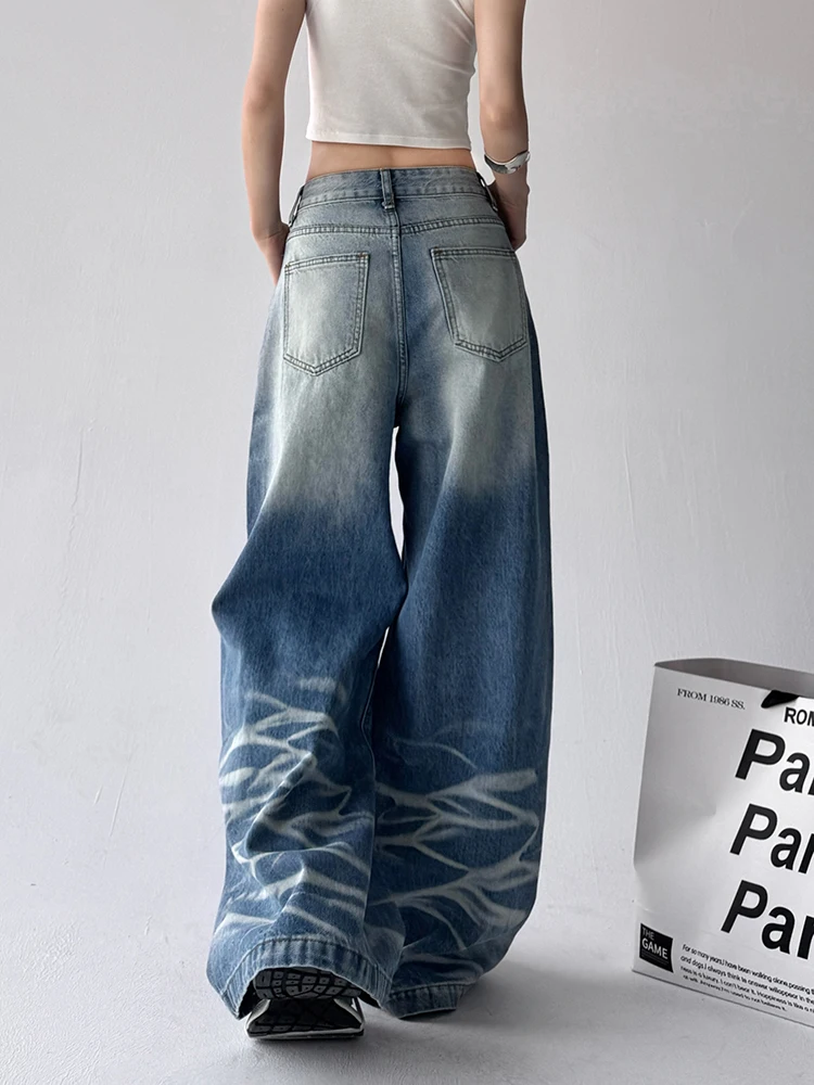 الرجعية الأمريكية الساخنة فتاة الدينيم الجينز المرأة خريف جديد الهيب هوب فضفاض Waed الأزرق عالية الخصر بنطال ذو قصة أرجل واسعة تأثير التخسيس