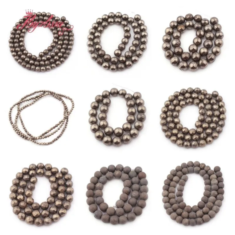 2/3/4/6/8/10/12mm Natural Pyrite Round Stone Beads Spacer Strand 15 Inches For DIY Necklace Bracelets Jewelry Making Loose Beads