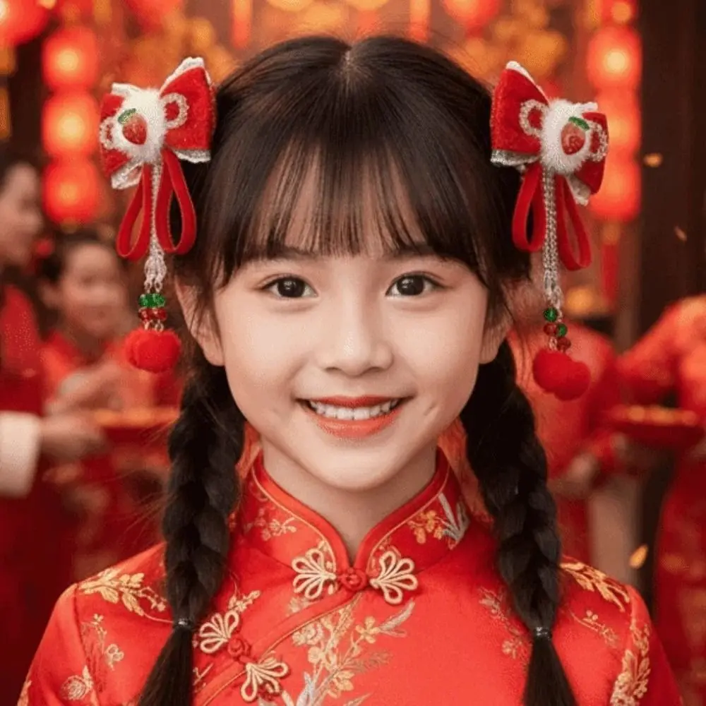 

2pcs Lion Children's Chinese Hairpin Bow Plush Ball Embroidered Bow Headwear Golden Lock Beads Hanfu Hair Accessories Gift