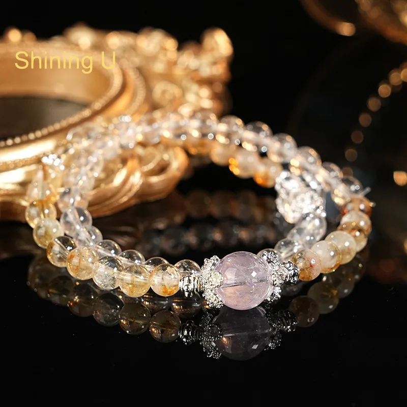 

Shining U Natural Citrine Rock Crystal Bracelet for Women Fine Jewelry New Chinese Style Gift Good Luck